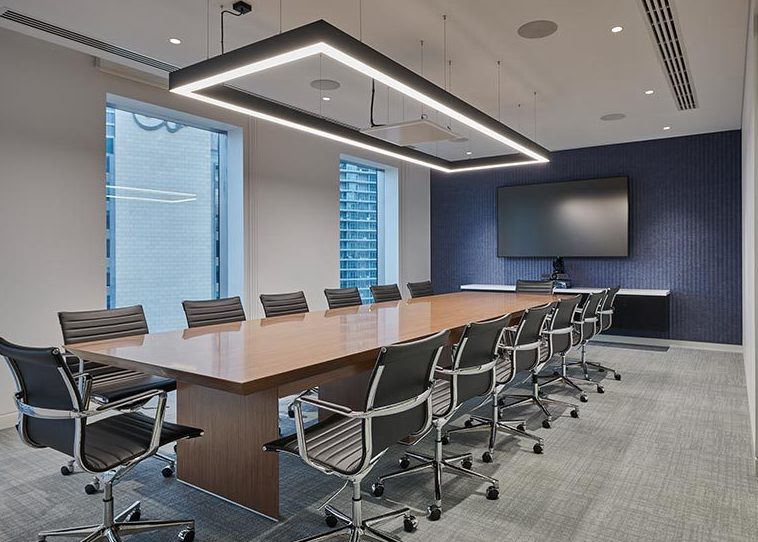 suspended rectangular light fitting in board room