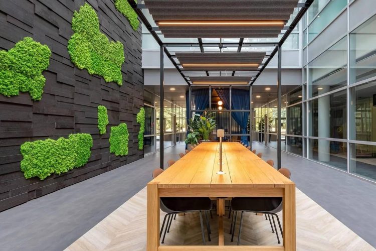 timber table and wall with green textured fabric on the walls
