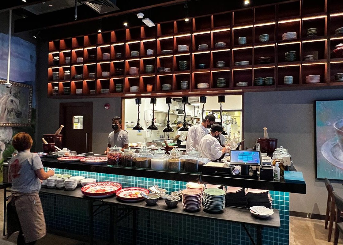 Food servery with staff and lighting