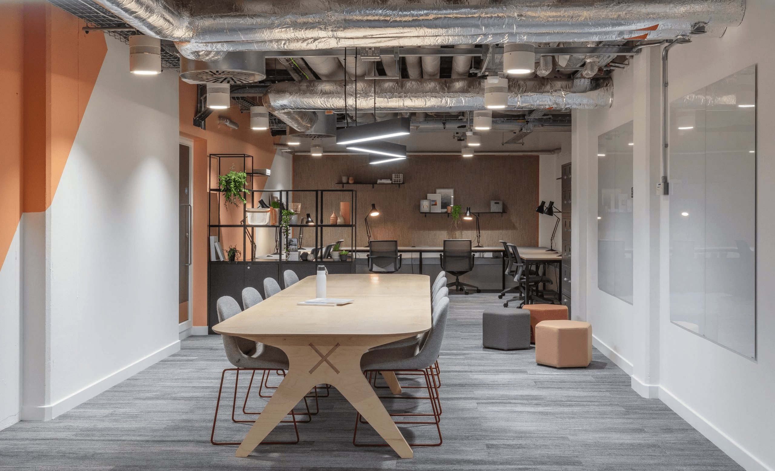 Contemporary office and kitchen space with LEDs