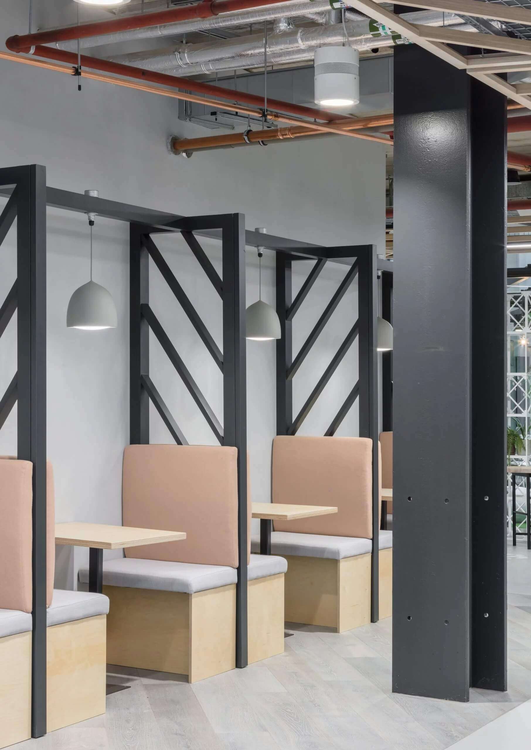 Hanging lights in a restaurant seating area