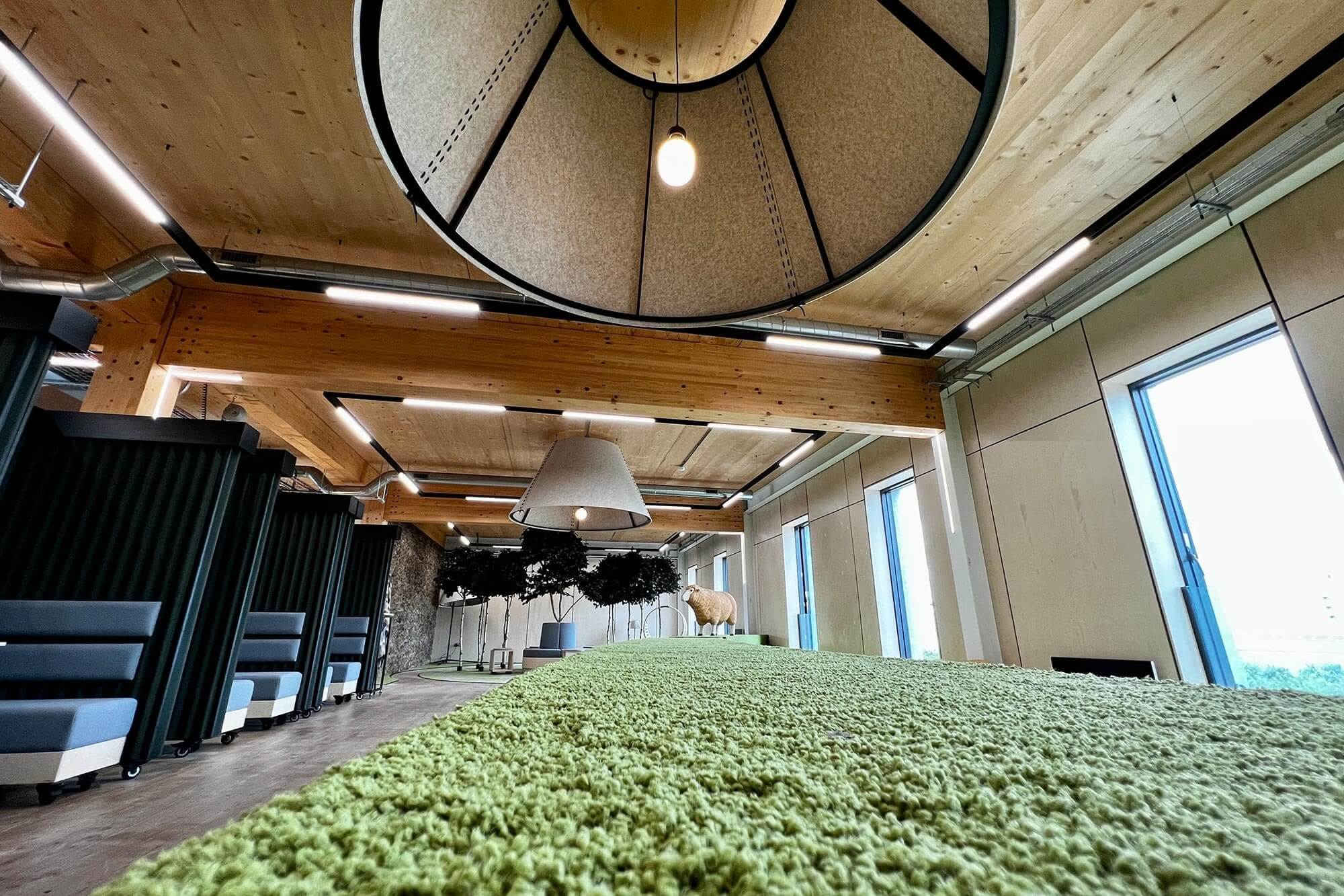 contemporary office with green rug and big hanging lights.