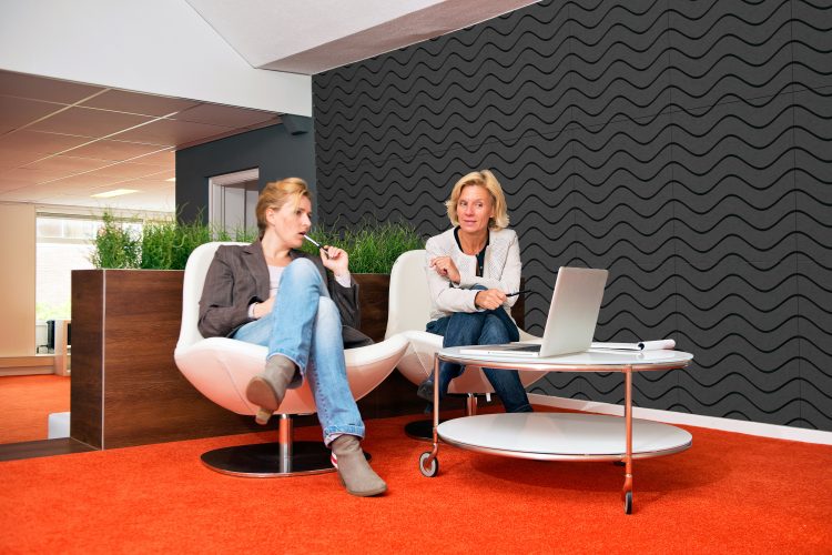 2 women sat infront of decorative acoustic wall tiles.