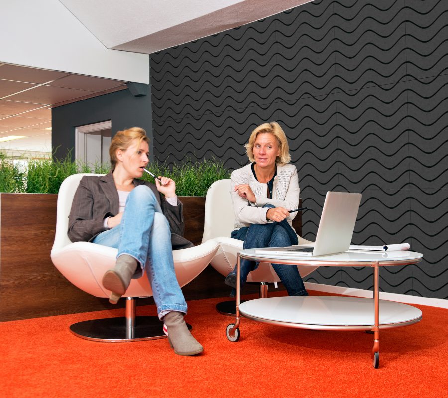 2 women sat infront of decorative acoustic wall tiles.