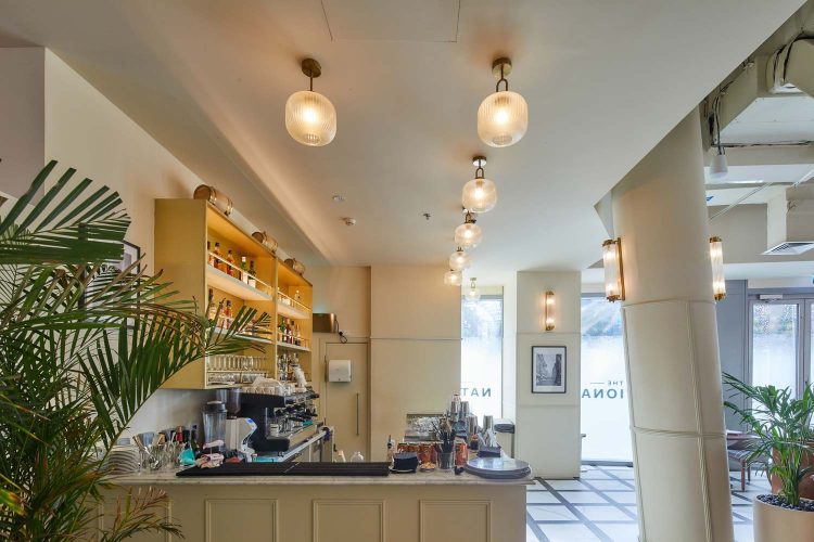 Bar area with light hanging ceiling lights