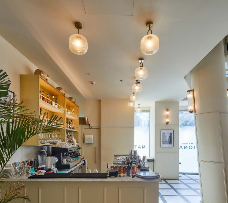 Bar area with light hanging ceiling lights